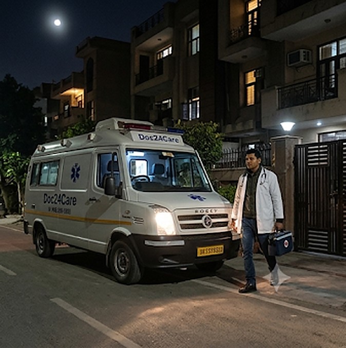 A Doc24Care van and a doctor with a medical bag arriving at a residential society at night